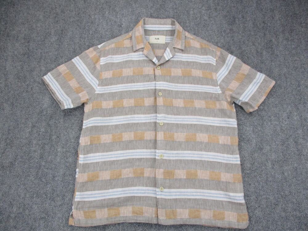 Folk Shirt Mens Small Tan Blue Striped Linen Cotton Short Sleeve Camp Collar